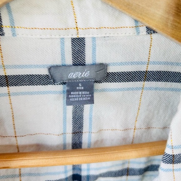 Aerie S white blue gold plaid tunic length button down brushed soft flannel top - Picture 3 of 6